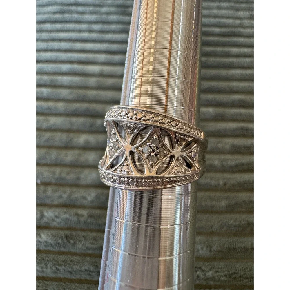 925 Sterling Silver Diamond Accent Ring, Wide Band, Size 6, RJ6, Statement‎ Ring